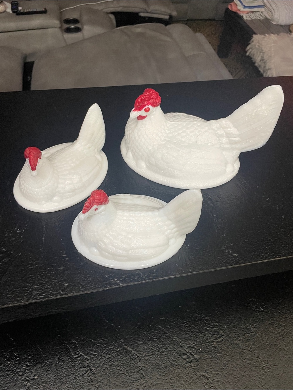 Westmoreland White Ceramic Nesting Hen Dishes with Red Comb- Set of 3 -Top only.